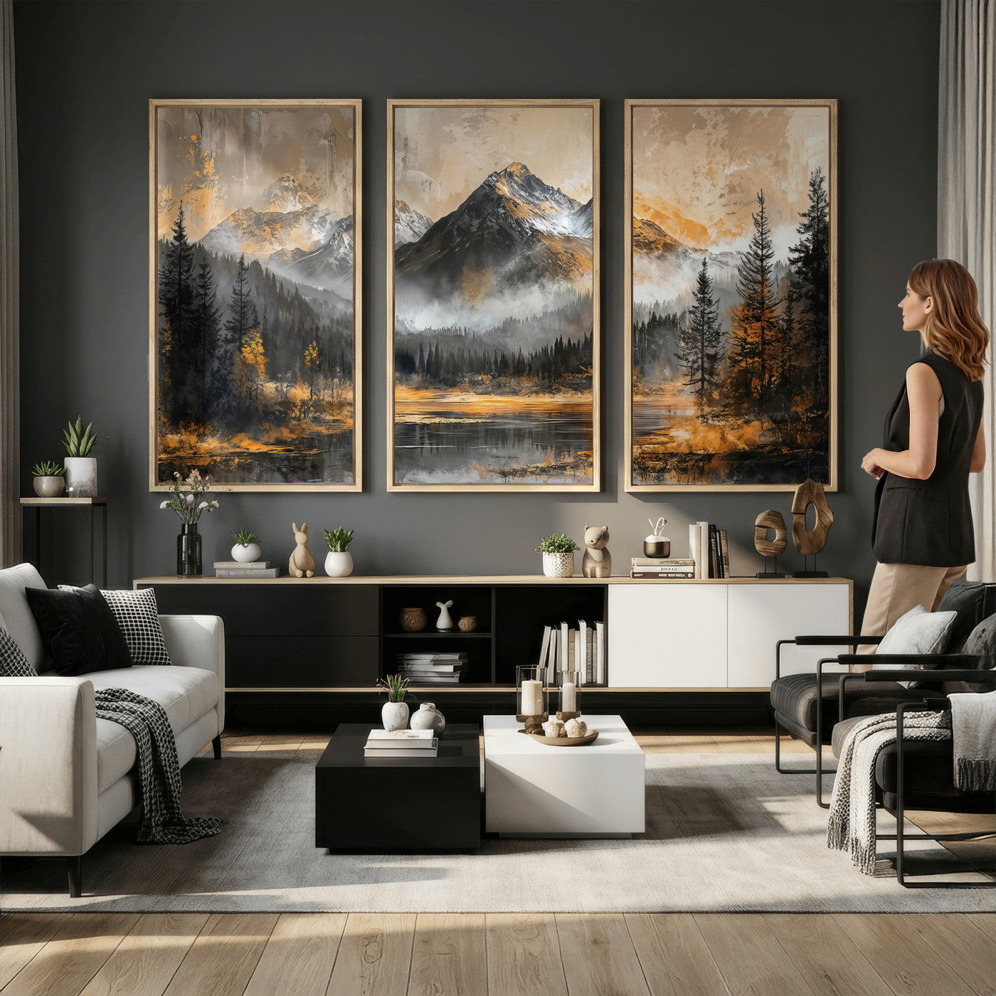 4712069D1-MGV-CV-36X24 - Mountain Lake Canvas Wall Art — Rustic Forest Landscape Print | Gold Grey Nature Decor | Cabin Wall Art | Large Wilderness Art Print Gift