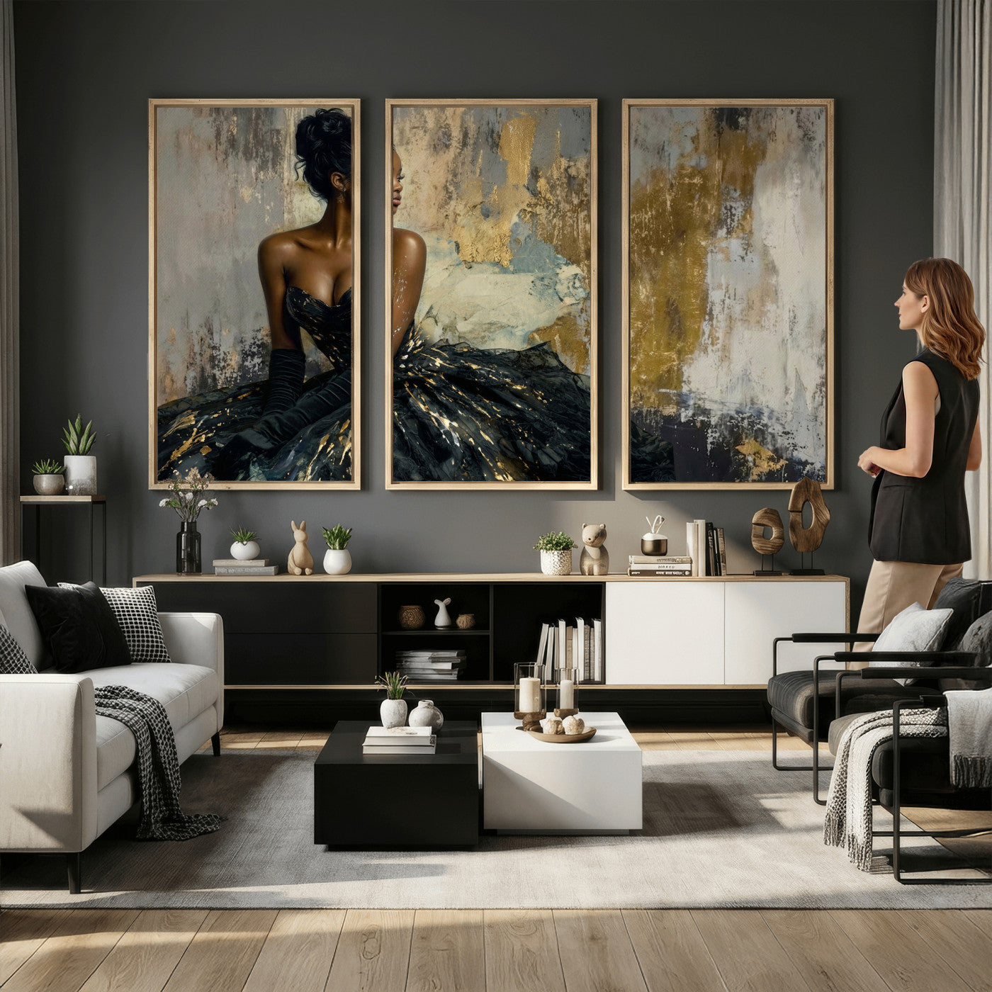 4712069Z1-MGV-CV-36X24 - Elegant Woman Canvas Wall Art — Black Gold Gown Fashion Print | Luxury Glam Wall Decor | African American Art | Bold Bedroom Wall Art Gift