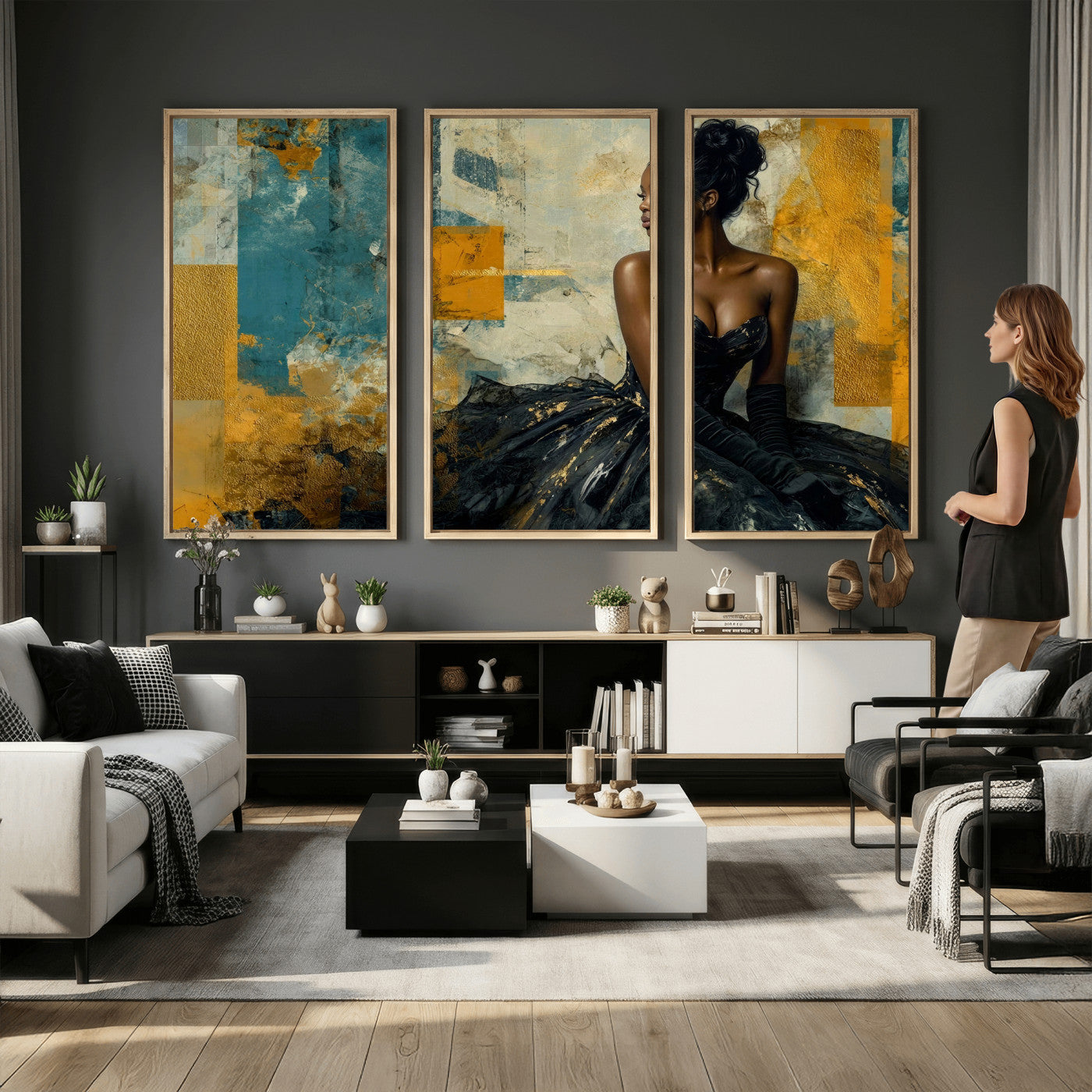 4712069Z21-MGV-CV-36X24 - Elegant Woman Canvas Wall Art — Black Gold Gown Fashion Print | Luxury Glam Wall Decor | African American Art | Bold Bedroom Wall Art Gift