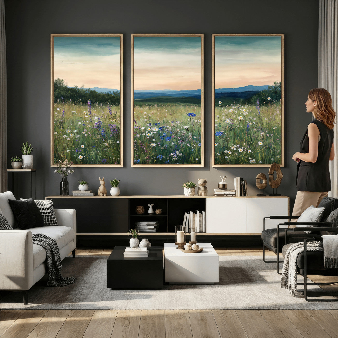 35773805-MGV-CV-36X24 - Wildflower Meadow Oil Painting Canvas Print - Daisy Lavender Mountain Sunset Print | Cottagecore Floral Wall Art - Bedroom Decor Gift for Her
