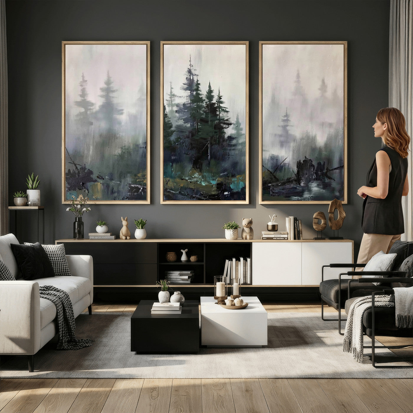 94143325-MGV-CV-36X24 - Misty Pine Forest Oil Painting Canvas — Dark Moody Teal Grey Tree Print | Japandi Scandinavian Wall Art | Minimalist Nature Decor Gift