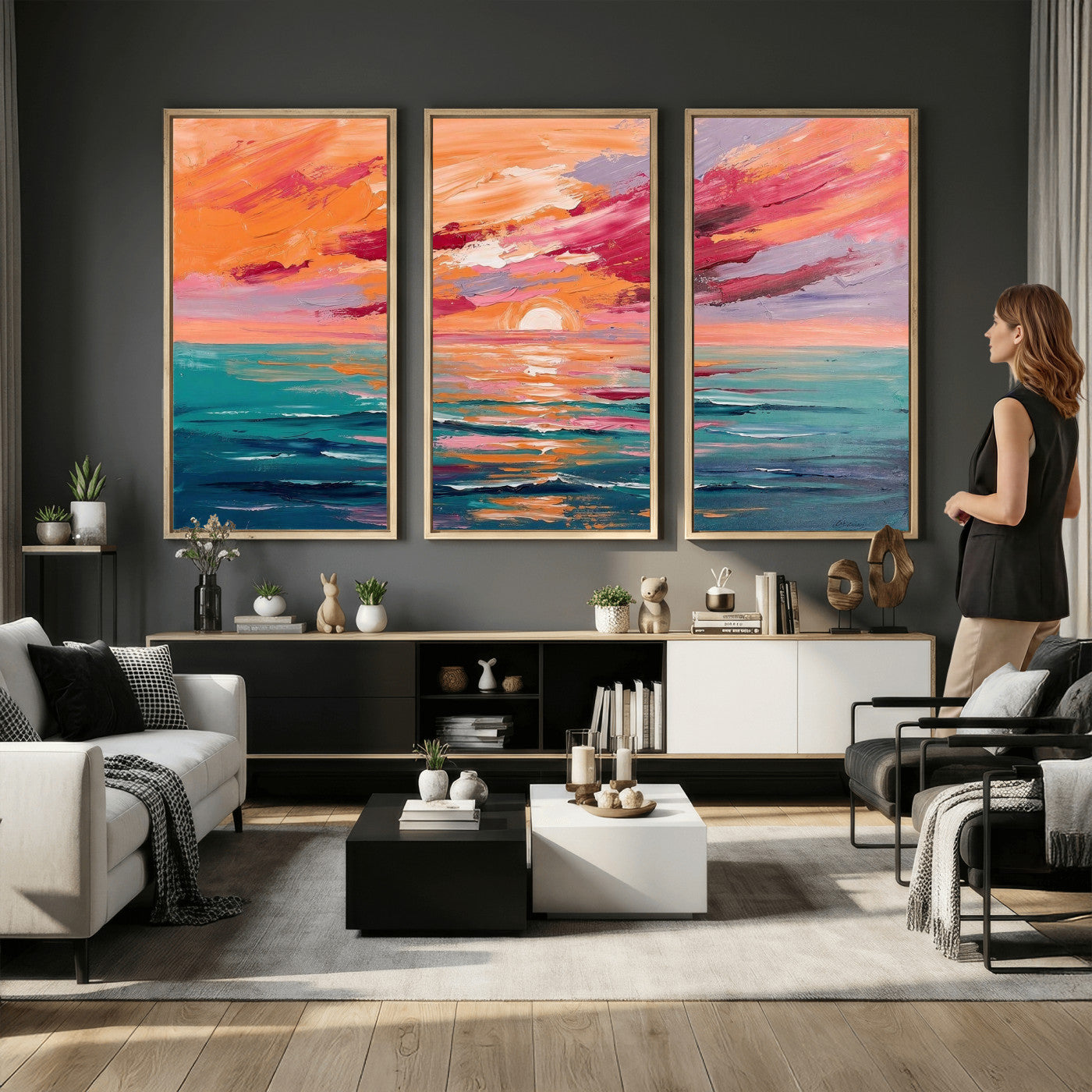 26763902-MGV-CV-36X24 - Bold Palette Knife Ocean Sunset Canvas — Orange Pink Teal Expressionist Sea Print | Colorful Coastal Wall Art | Vibrant Beach Decor Gift