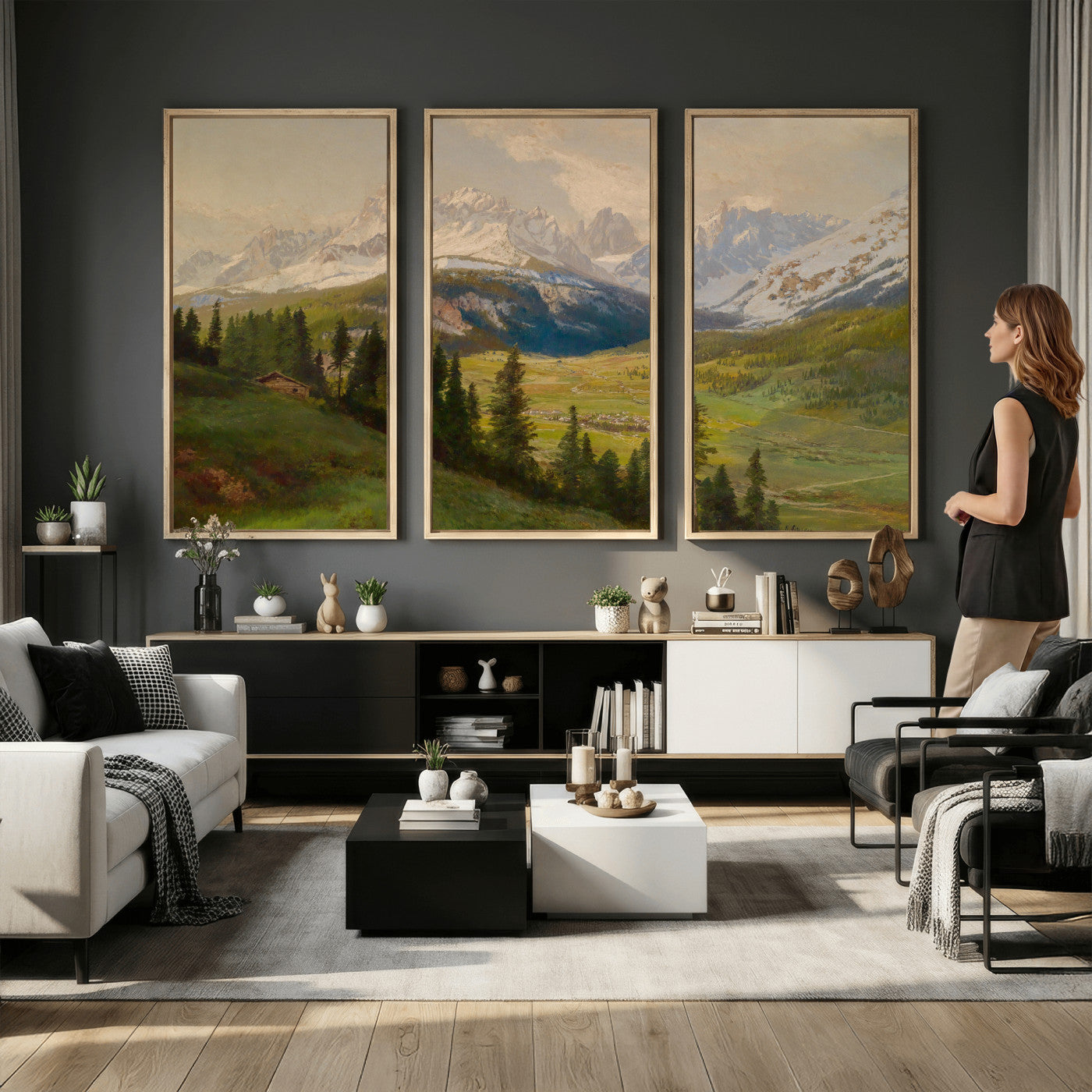 23120262-MGV-CV-36X24 - Konrad Petrides Sexten Village Canvas Print, Alpine Mountain Valley Painting, Dolomites Landscape Art