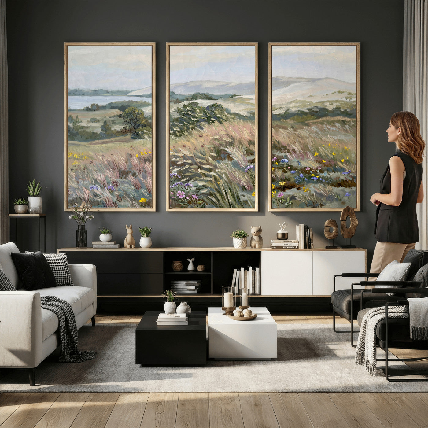 18013232-MGV-CV-36X24 - Katie Staples Hillside Canvas Wall Art — Coastal Wildflower Dune Oil Painting Print | Muted Green Nature Decor | Plein Air Landscape Gift