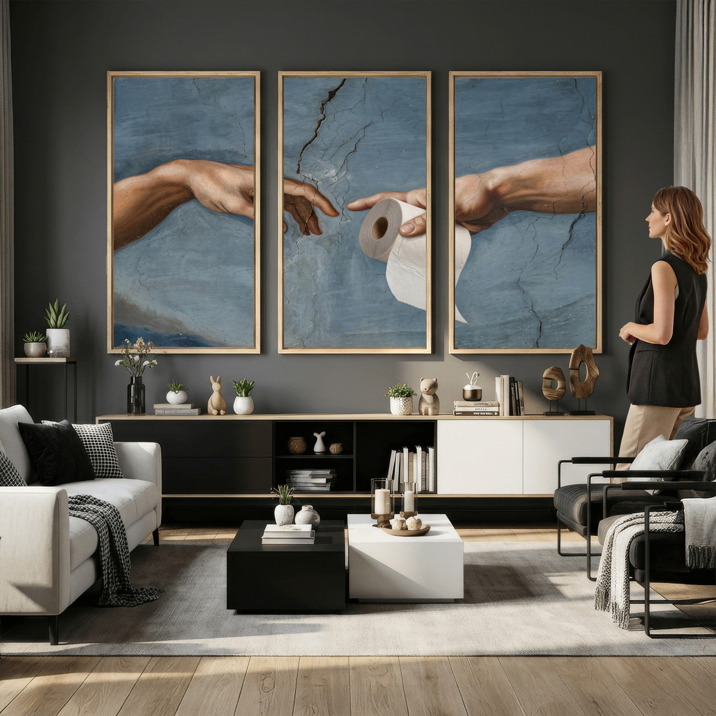 42648143-MGV-CV-36X24 - Funny Bathroom Canvas Wall Art, Michelangelo Creation of Adam Toilet Paper Parody, Renaissance Humor Print, Quirky Housewarming Gift, Toilet Room Decor