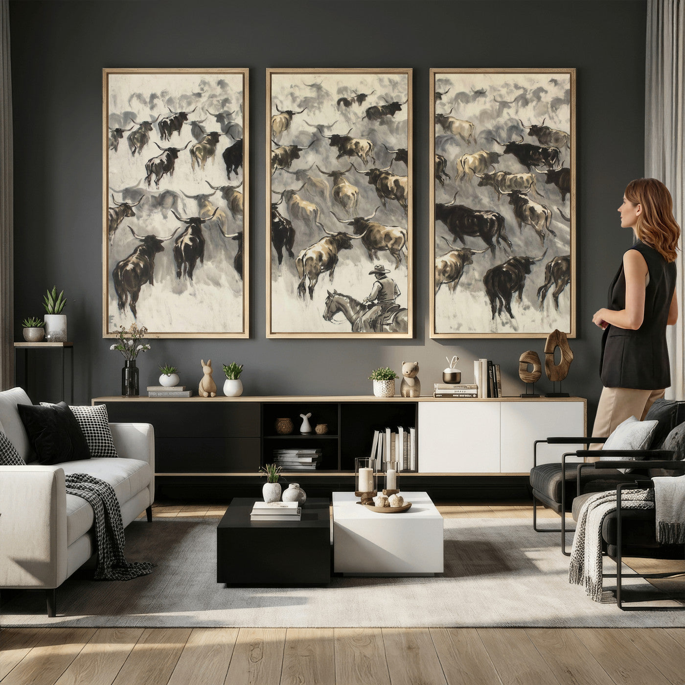 48049876-MGV-CV-36X24 - Cowboy Cattle Drive Canvas Wall Art, Western Longhorn Herd Ink Painting Print, Ranch Rodeo Decor, Black White Western Art, Large Living Room Art