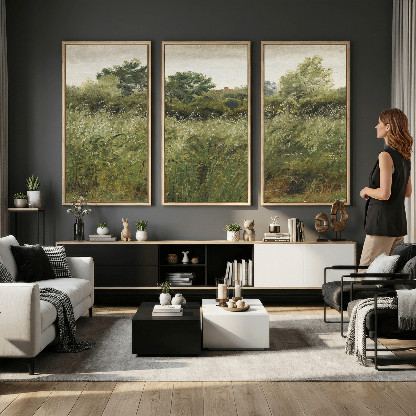 92328261-MGV-CV-36X24 - Wildflower Meadow Canvas Wall Art, Impressionist Overgrown Field Painting Print, Vintage Green Nature Decor, Cottagecore Botanical Art, Living Room Print