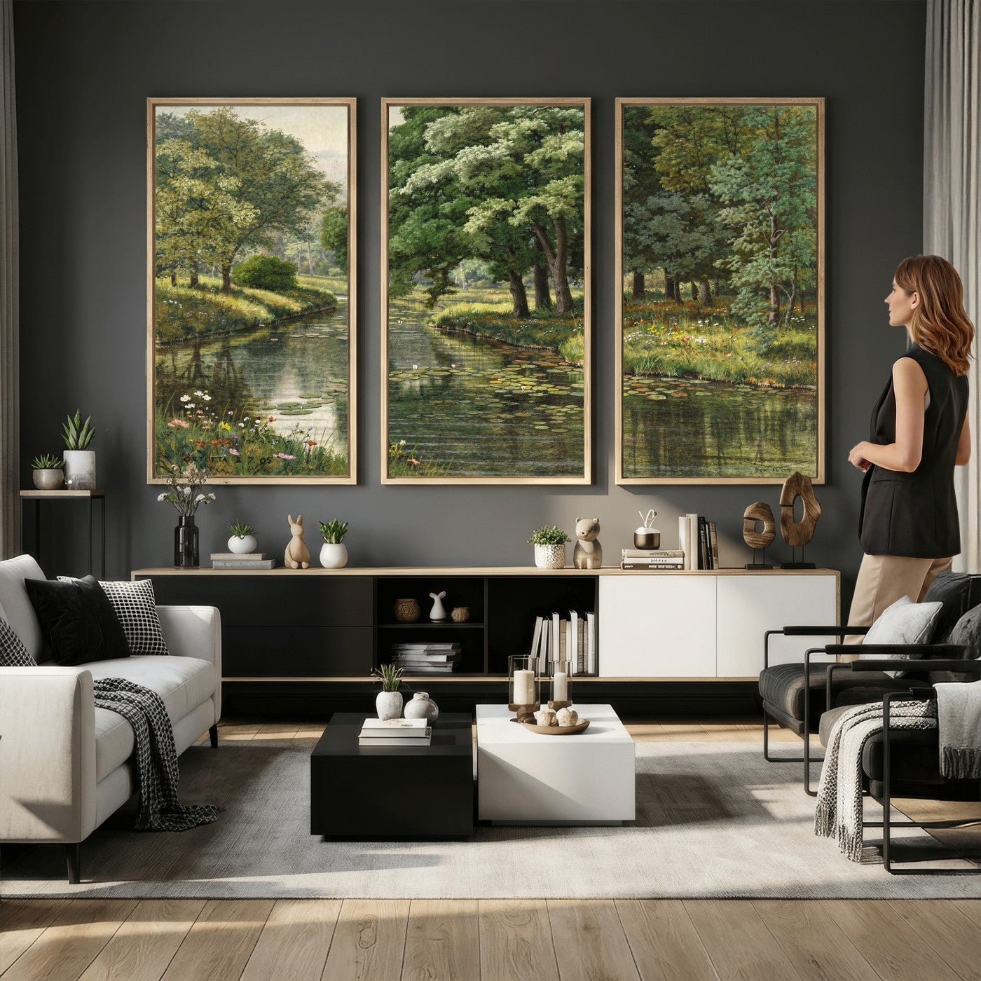 44288560-MGV-CV-36X24 - Forest Stream Canvas Wall Art, Peder Monsted A Forest Stream 1905 Print, Danish Realist Landscape, Lily Pad River Nature Decor, Vintage Green Painting