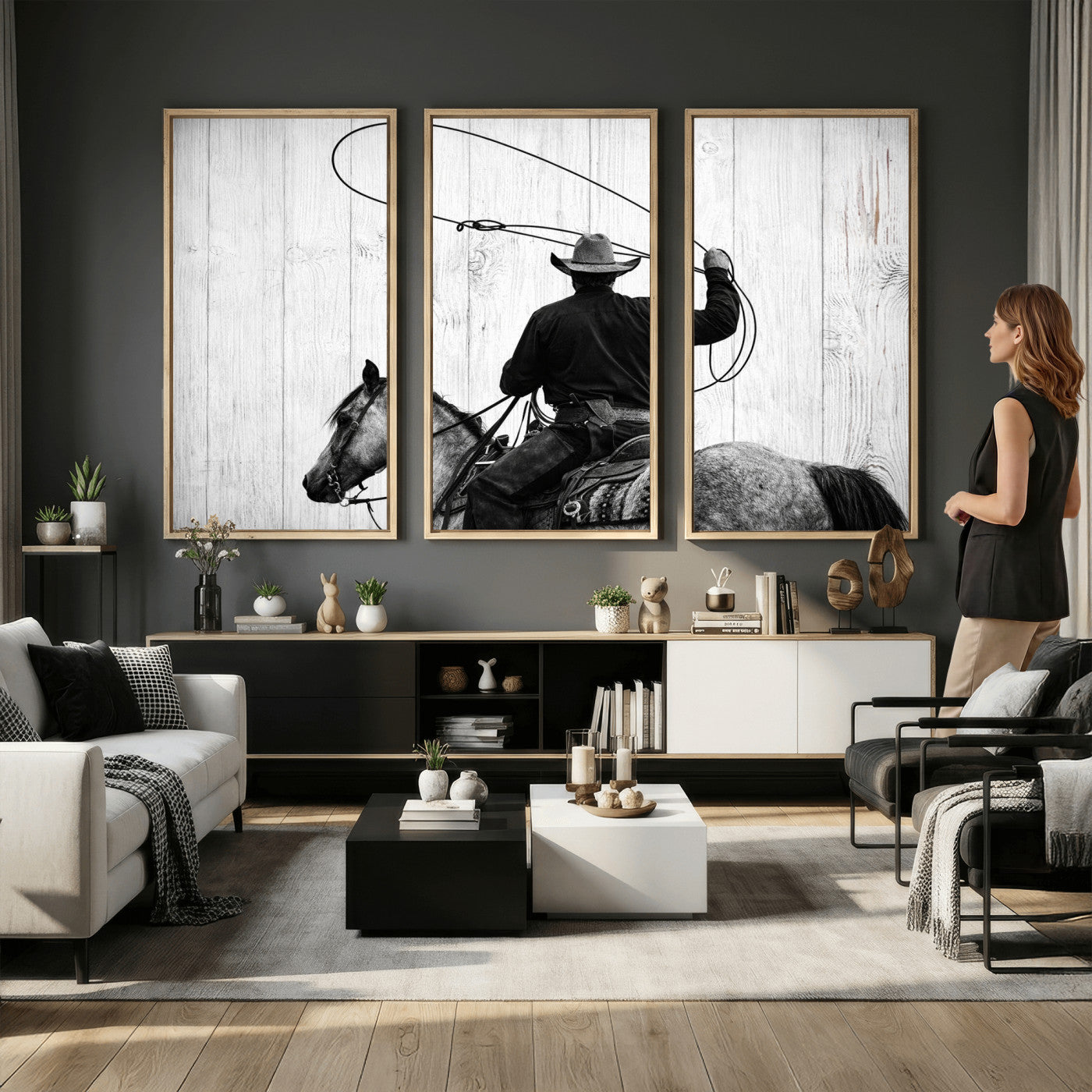 22569358-MGV-CV-36X24 - Cowboy Lasso Canvas Wall Art, Black White Western Horse Photo Print, Rustic Ranch Rodeo Decor, Farmhouse Western Art, Cowboy Gift for Him