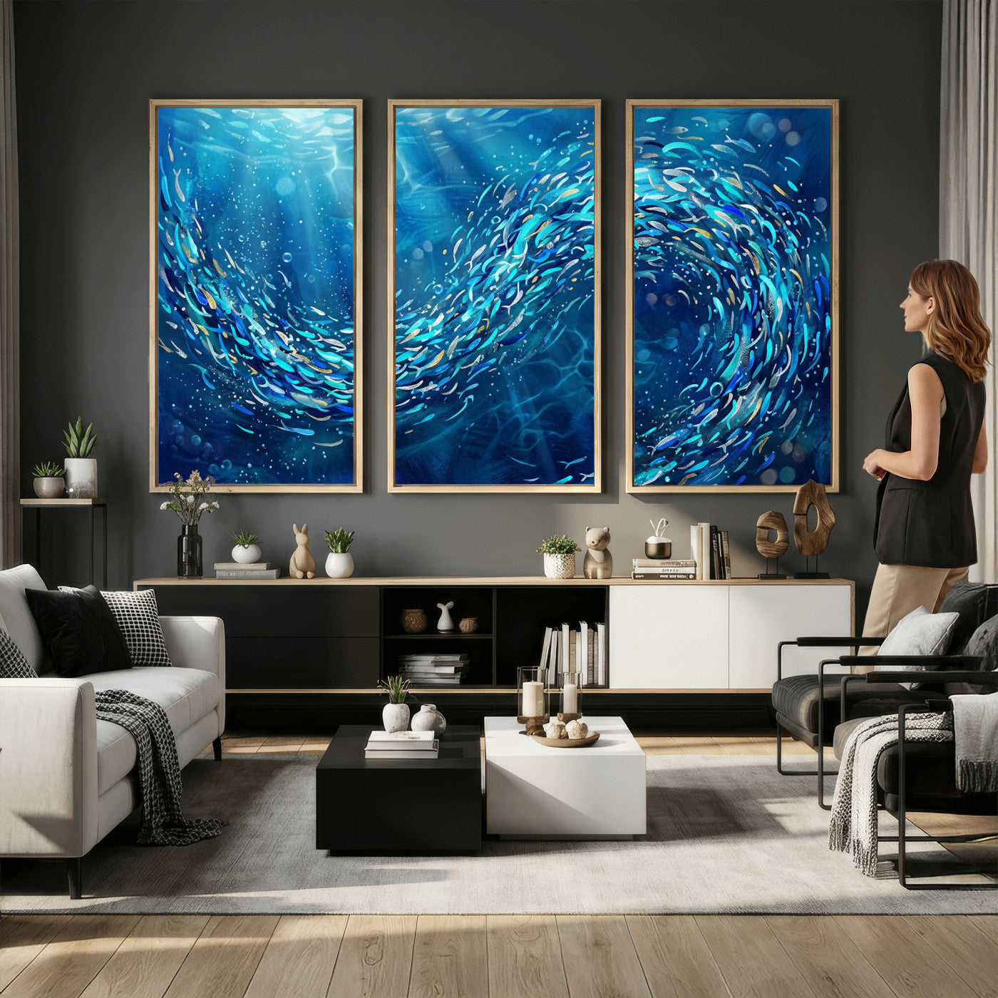 54535639-MGV-CV-36X24 - School of Fish Canvas Print | Blue Ocean Underwater Wall Art | Swirling Fish Shoal Illustration | Marine Navy Coastal Decor