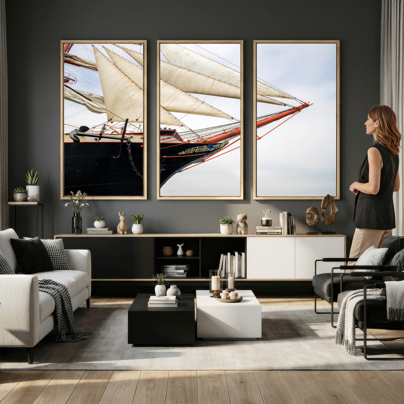 64830036-MGV-CV-36X24 - Sailboat Wall Art Canvas Print, Vintage Ship Bow Framed Artwork, Nautical Sailing Decor for Living Room Office Beach House