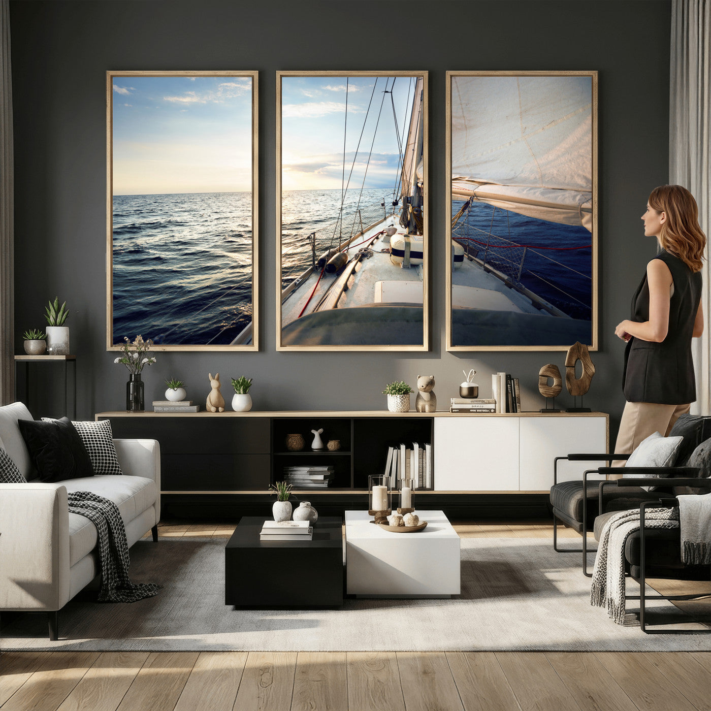 76381335-MGV-CV-36X24 - Sailboat Wall Art Canvas Print, Ocean Sunset Sailing Framed Artwork, Coastal Nautical Seascape Decor for Living Room Office Beach House