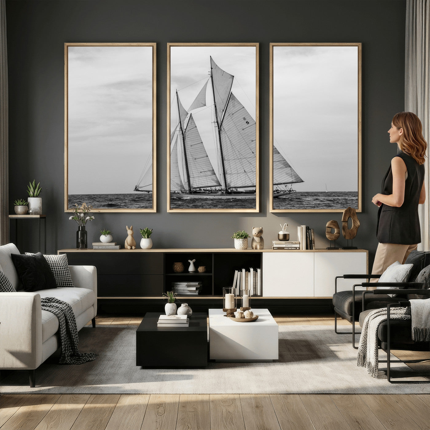 52882918-MGV-CV-36X24 - Vintage Sailboat Wall Art Canvas Print, Black and White Schooner Framed Artwork, Nautical Ocean Sailing Decor for Living Room Office Beach House