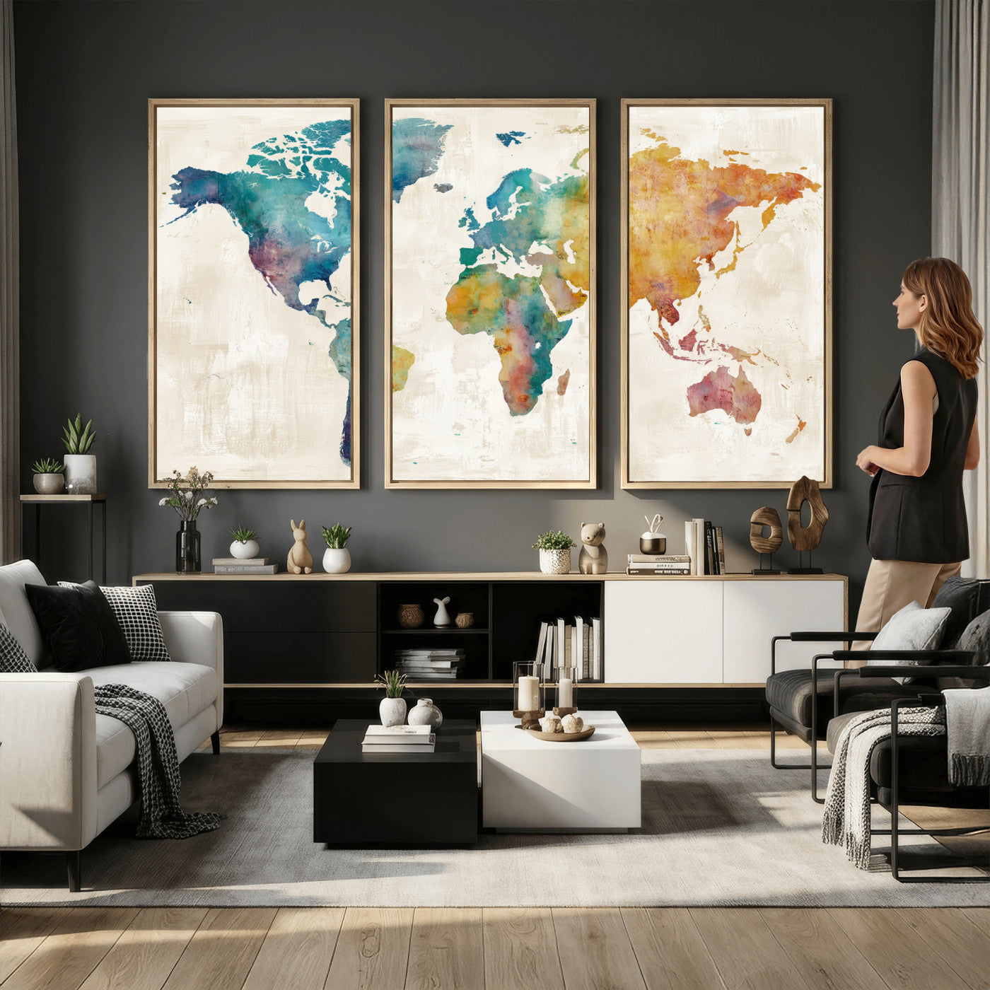 56556018-MGV-CV-36X24 - Watercolor World Map Canvas Wall Art Print – Abstract Colorful Travel Wall Decor