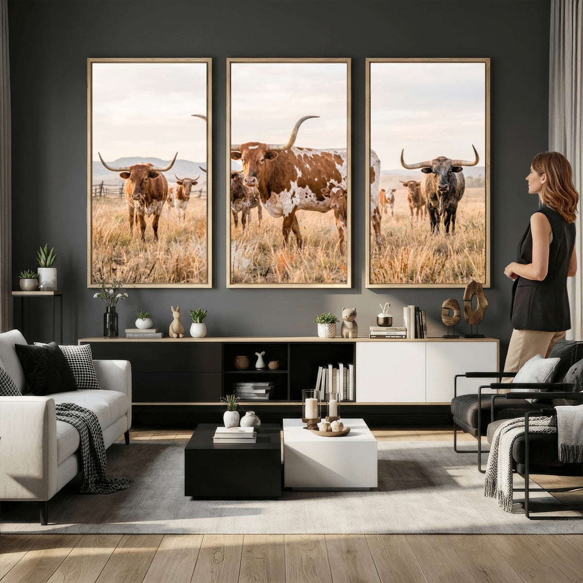 62336425AC-MGV-CV-36X24 - Texas Longhorn Canvas Wall Art, Rustic Farm Animal Photography Print, Farmhouse Country Decor, Western Ranch Art