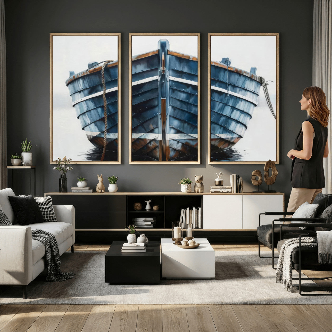 21601740-MGV-CV-36X24 - Blue Wooden Rowboat Canvas Wall Art, Coastal Nautical Boat Painting Print for Lake Beach House Decor, Minimalist Maritime Decor Artwork