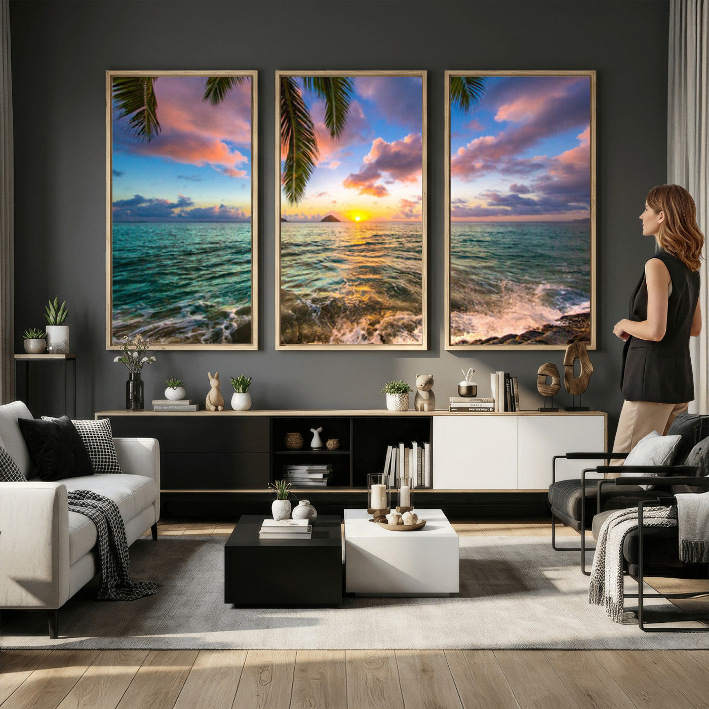 13207742-MGV-CV-36X24 - Hawaii Beach Sunset Canvas Wall Art Print, Tropical Ocean Landscape Artwork, Palm Tree Coastal Decor for Living Room Bedroom
