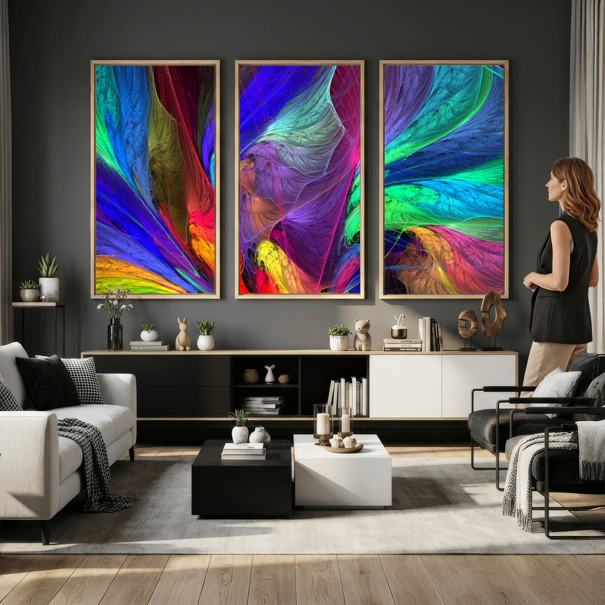 376925791-MGV-CV-36X24 - Colorful Abstract Canvas Wall Art, Rainbow Swirl Fractal Print, Bold Multicolor Living Room Decor, Vibrant Energy Art, Large Abstract Wall Art