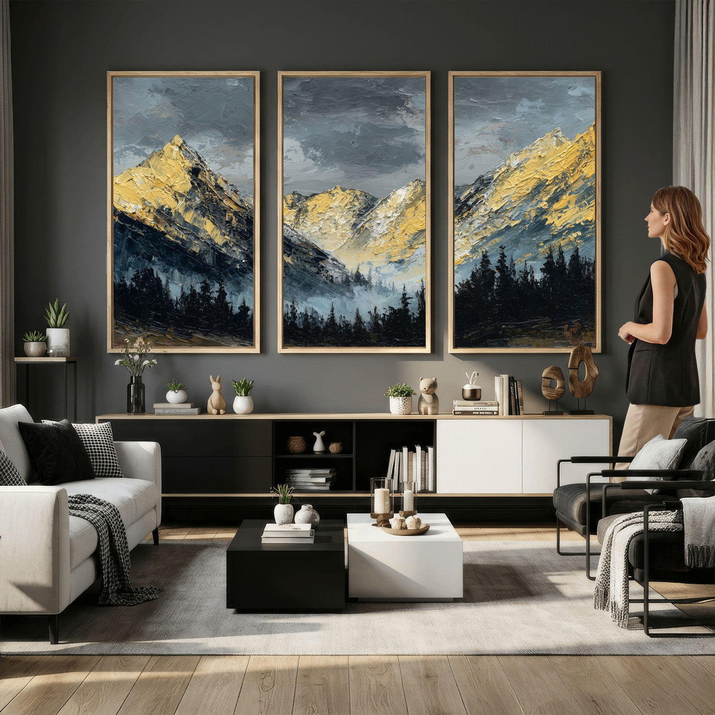 86912101-MGV-CV-48X32-3P - Abstract Mountain Wall Art Canvas Print Modern Landscape Painting Print