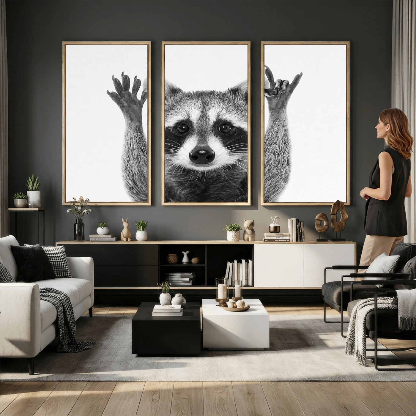 82392228-MGV-CV-36X24 - Funny Raccoon Canvas Wall Art, Black White Hands Up Animal Photo Print, Humorous Wildlife Decor, Kids Room Nursery Art, Quirky Animal Gift