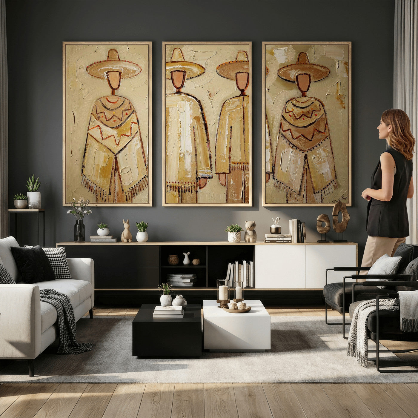 46071653-MGV-CV-36X24 - Mexican Folk Art Canvas Wall Art, Charro Poncho Sombrero Painting Print, Neutral Beige Boho Decor, Southwestern Impasto Style, Living Room Art