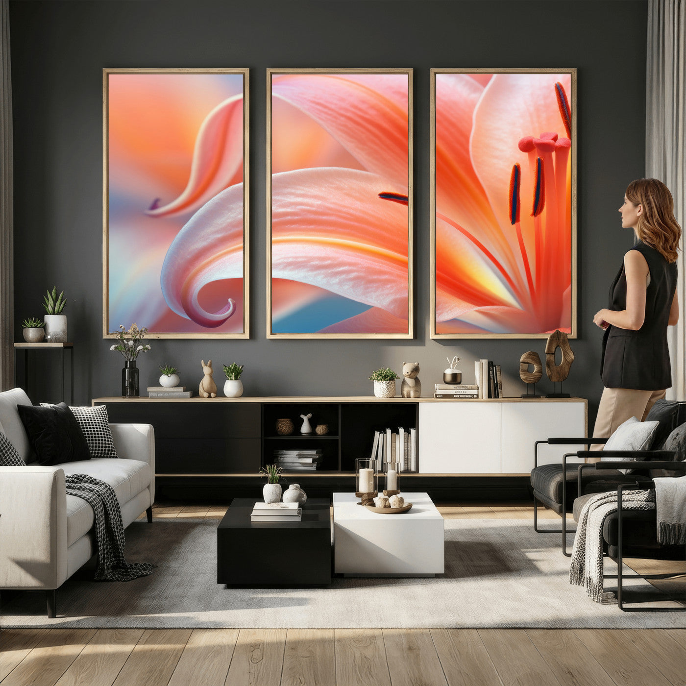 69566231-MGV-CV-36X24 - Peach Lily Canvas Wall Art, Coral Pink Flower Macro Photo Print, Botanical Bedroom Decor, Soft Floral Photography, Living Room Wall Art
