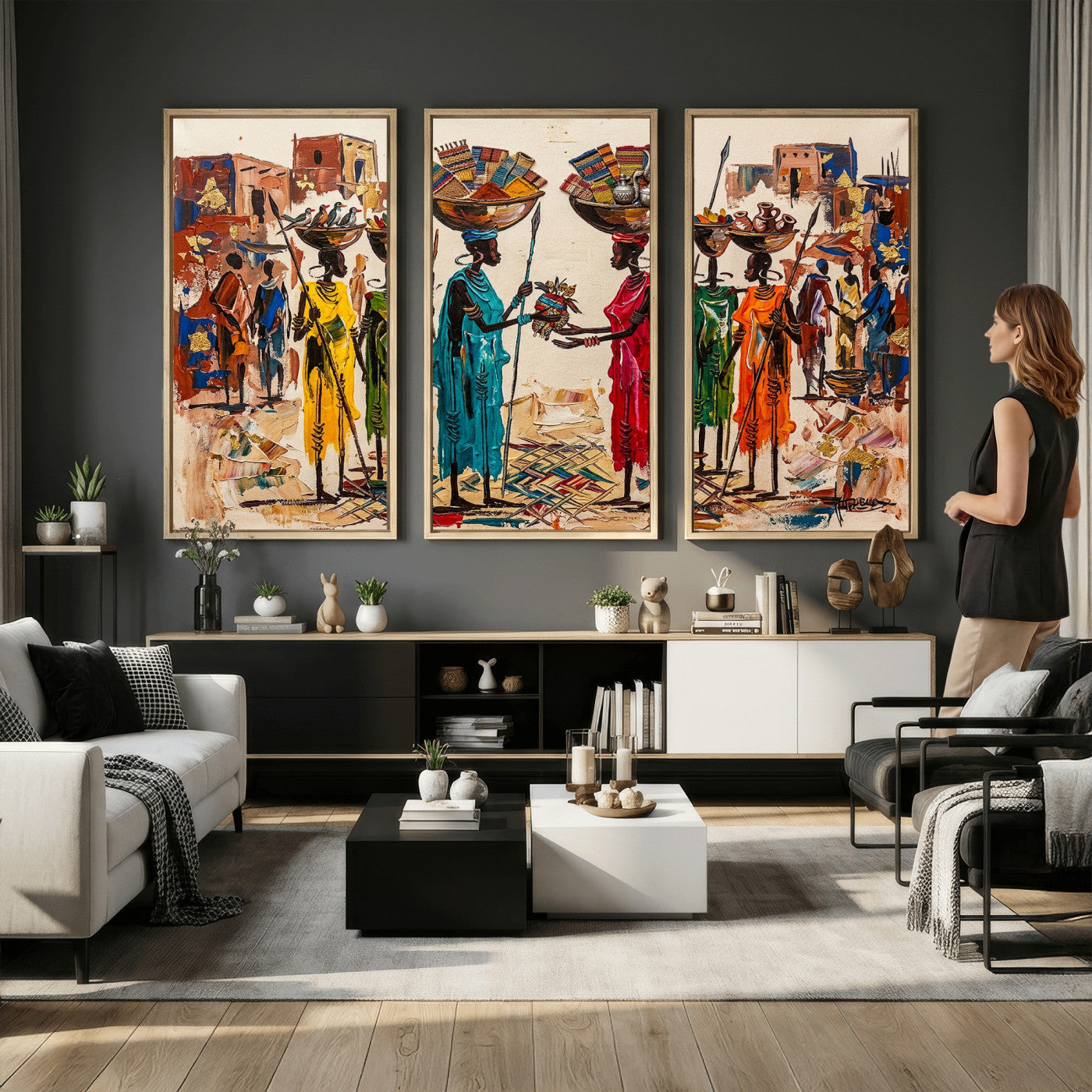 54818657-MGV-CV-36X24 - African Folk Art Canvas Wall Art, Colorful African Women Village Painting Print, Tribal Ethnic Home Decor, Vibrant African Art, Living Room