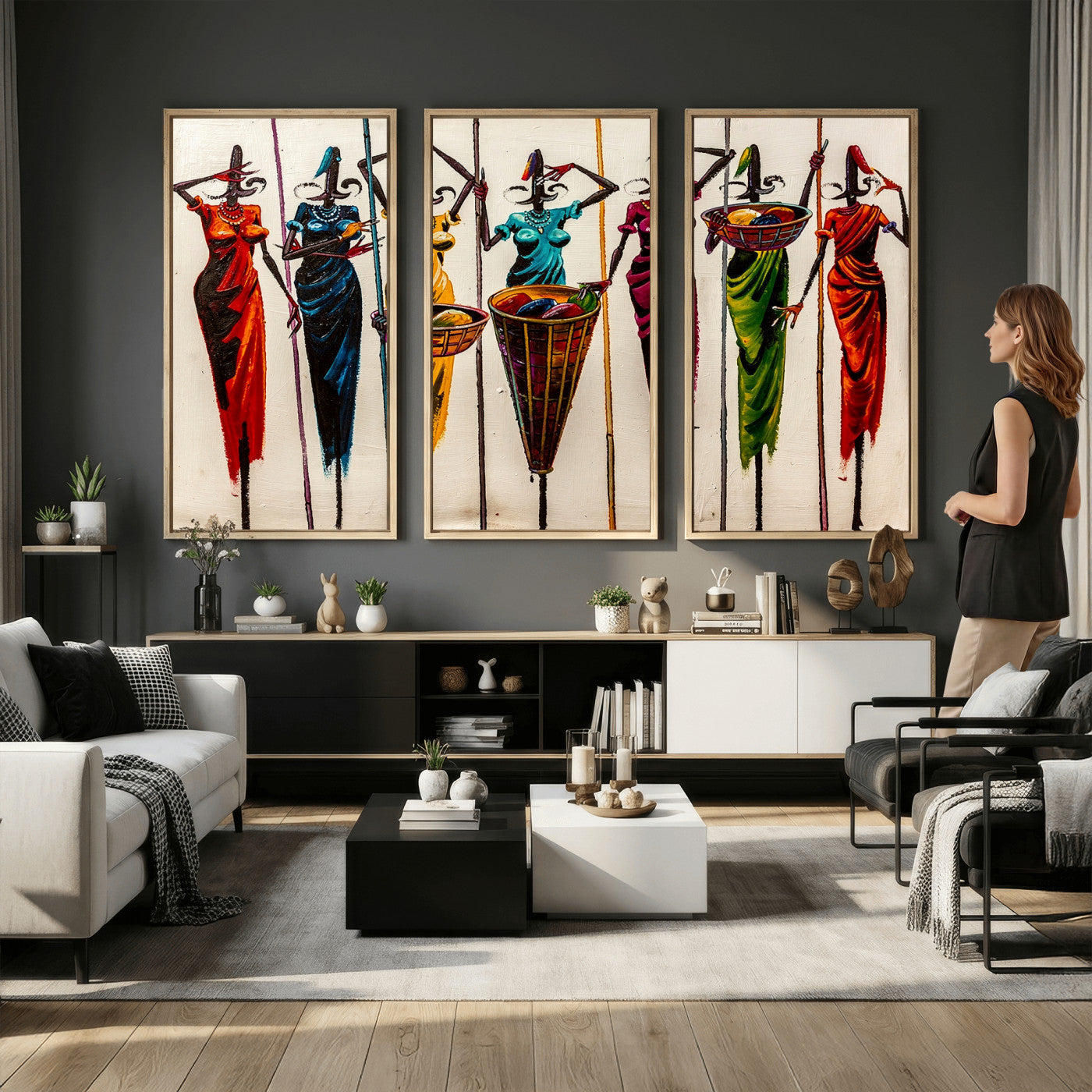 53545627-MGV-CV-36X24 - African Folk Art Canvas Wall Art, Colorful African Women Village Painting Print, Tribal Ethnic Home Decor, Vibrant African Art, Living Room