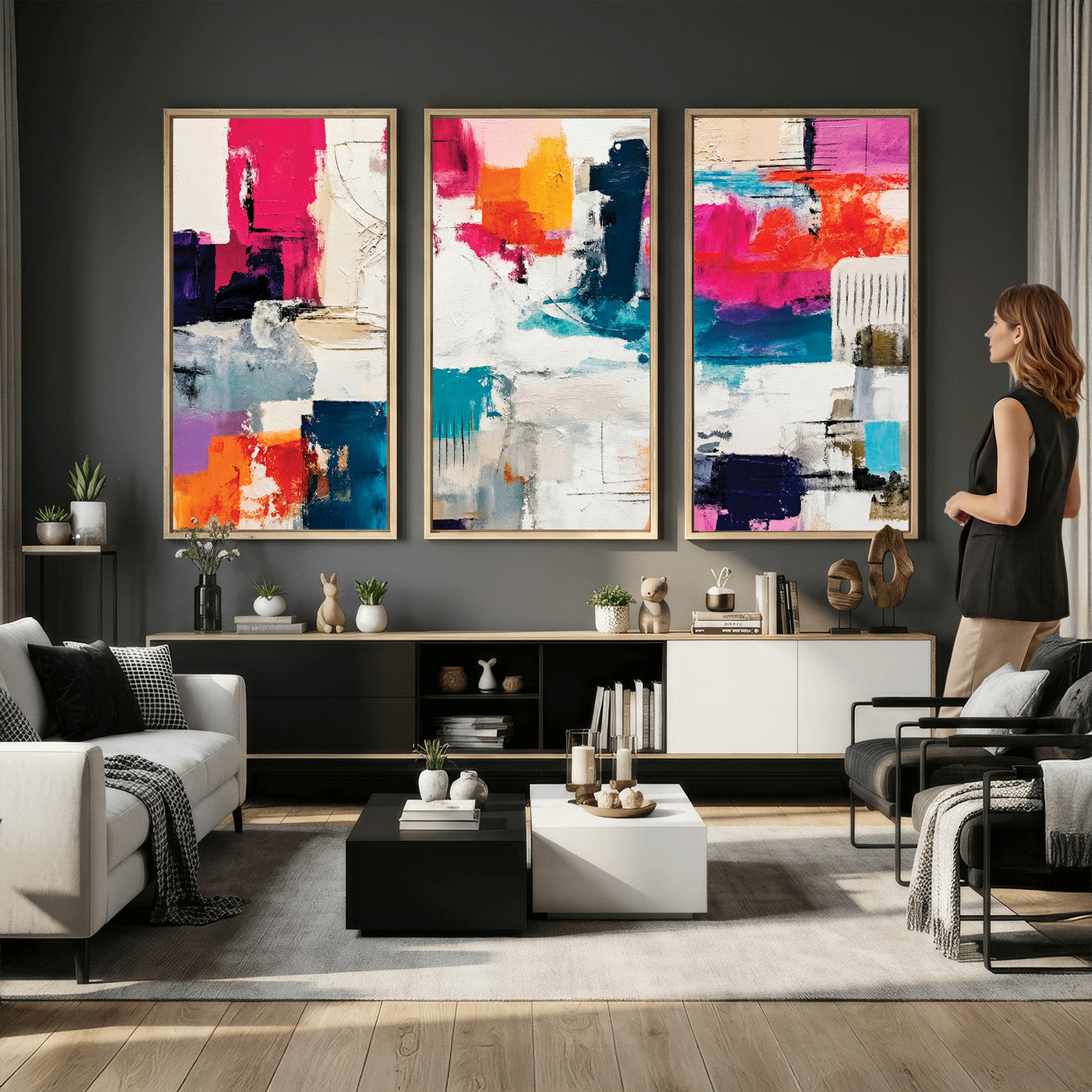 57864023-MGV-CV-36X24 - Blue Teal Abstract Canvas Wall Art | Modern Textured Painting Print, Navy Orange White Contemporary Art, Neutral Living Room Decor, Office Art