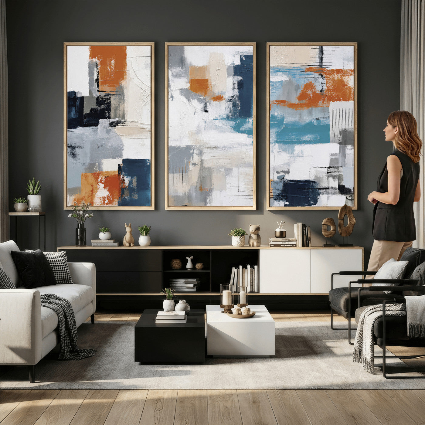 44950303-MGV-CV-36X24 - Blue Teal Abstract Canvas Wall Art, Modern Textured Painting Print, Navy Orange White Contemporary Art, Neutral Living Room Decor, Office Art