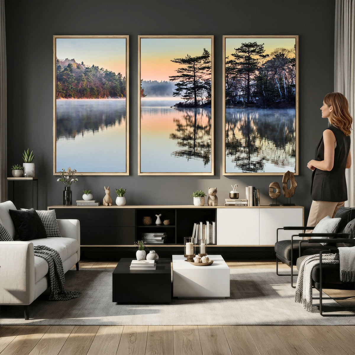 34236027-MGV-CV-36X24 - Before People Wake Canvas Wall Art Print, Misty Lake Sunrise Landscape, Forest Reflection Nature Decor, Ready to Hang