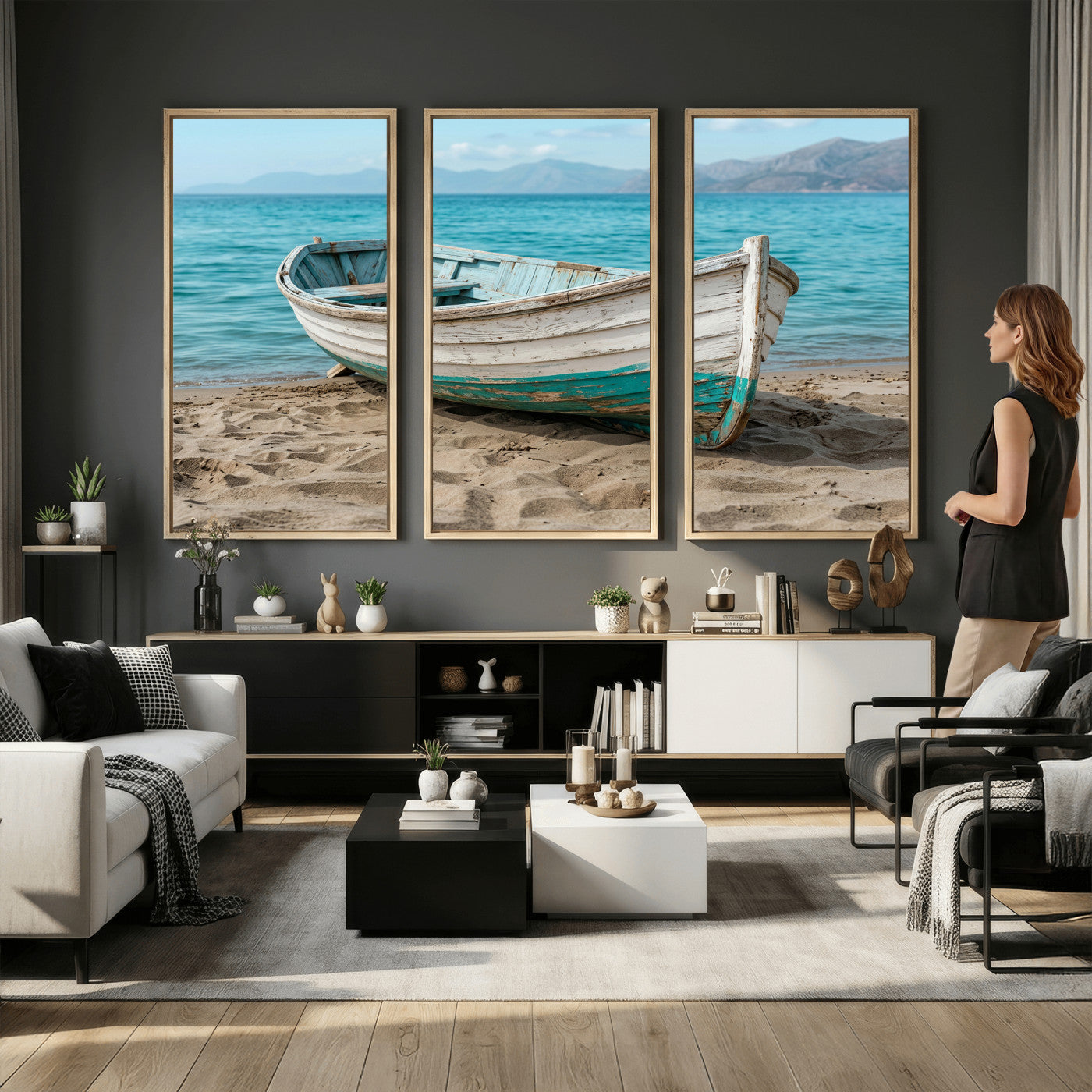 49963709-MGV-CV-36X24 - Coastal Boat Canvas Wall Art Print, Beach Boat Painting, Nautical Ocean Decor, Seascape Wall Art, Ready to Hang
