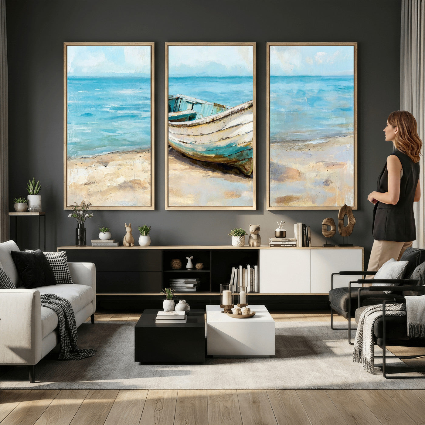 14780565-MGV-CV-36X24 - Coastal Boat Canvas Wall Art Print, Beach Boat Painting, Nautical Ocean Decor, Seascape Wall Art, Ready to Hang