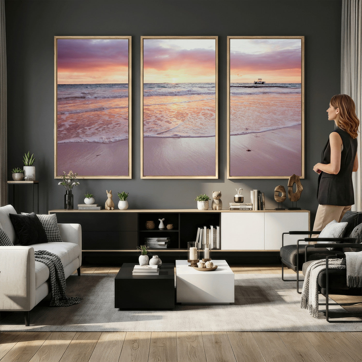44765395-MGV-CV-36X24 - Beach Sunset Canvas Wall Art Print, Ocean Waves Landscape, Coastal Photography, Seascape Wall Decor, Ready to Hang