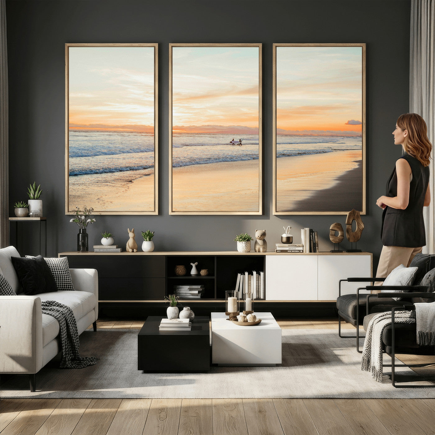 38131619-MGV-CV-36X24 - Beach Sunset Canvas Wall Art Print | Ocean Waves Landscape, Coastal Photography, Seascape Wall Decor, Ready to Hang