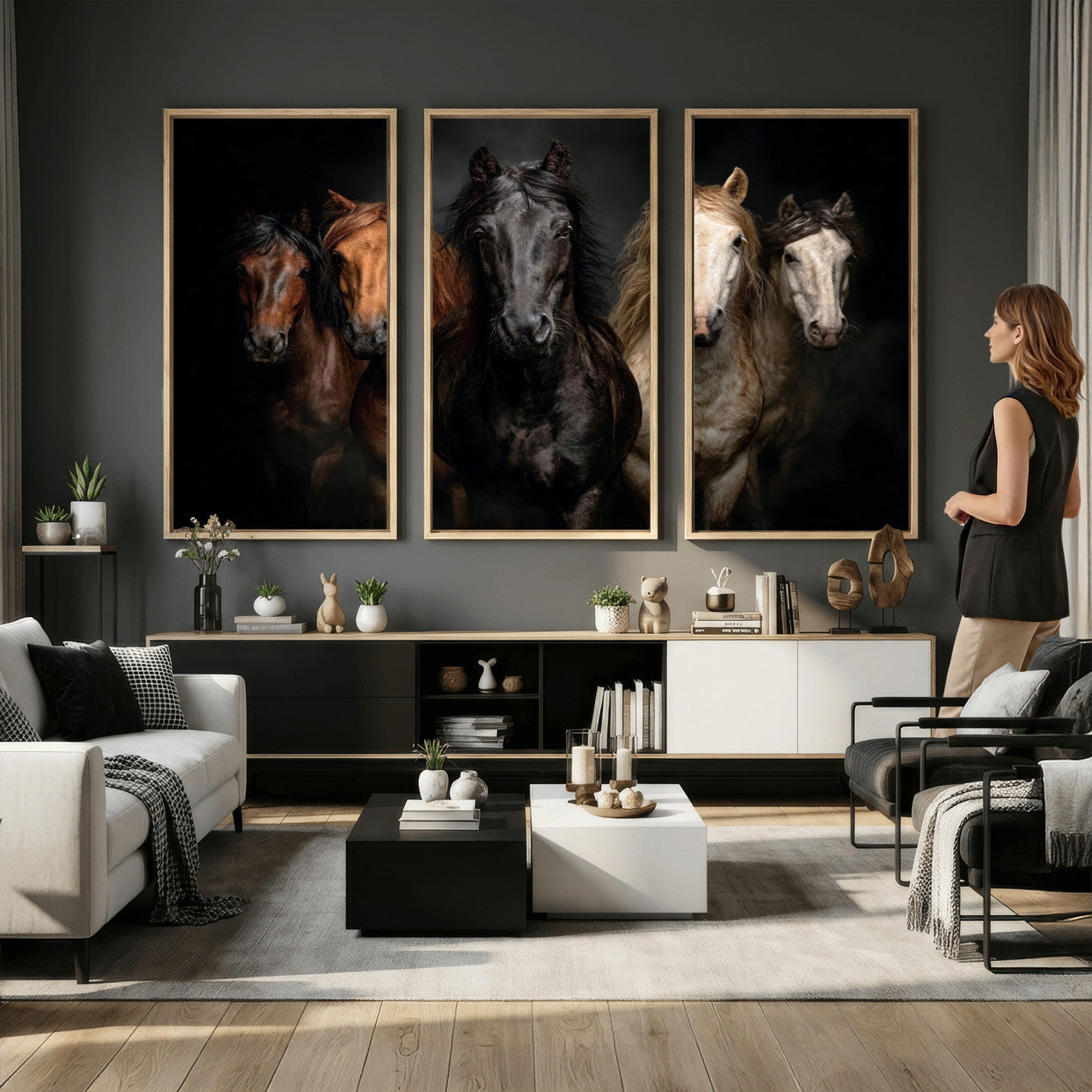77696206-MGV-CV-36X24 - Horse Wall Art Canvas Print | Wild Horses Portrait Photography, Animal Horse Decor, Black Brown White Horse Herd