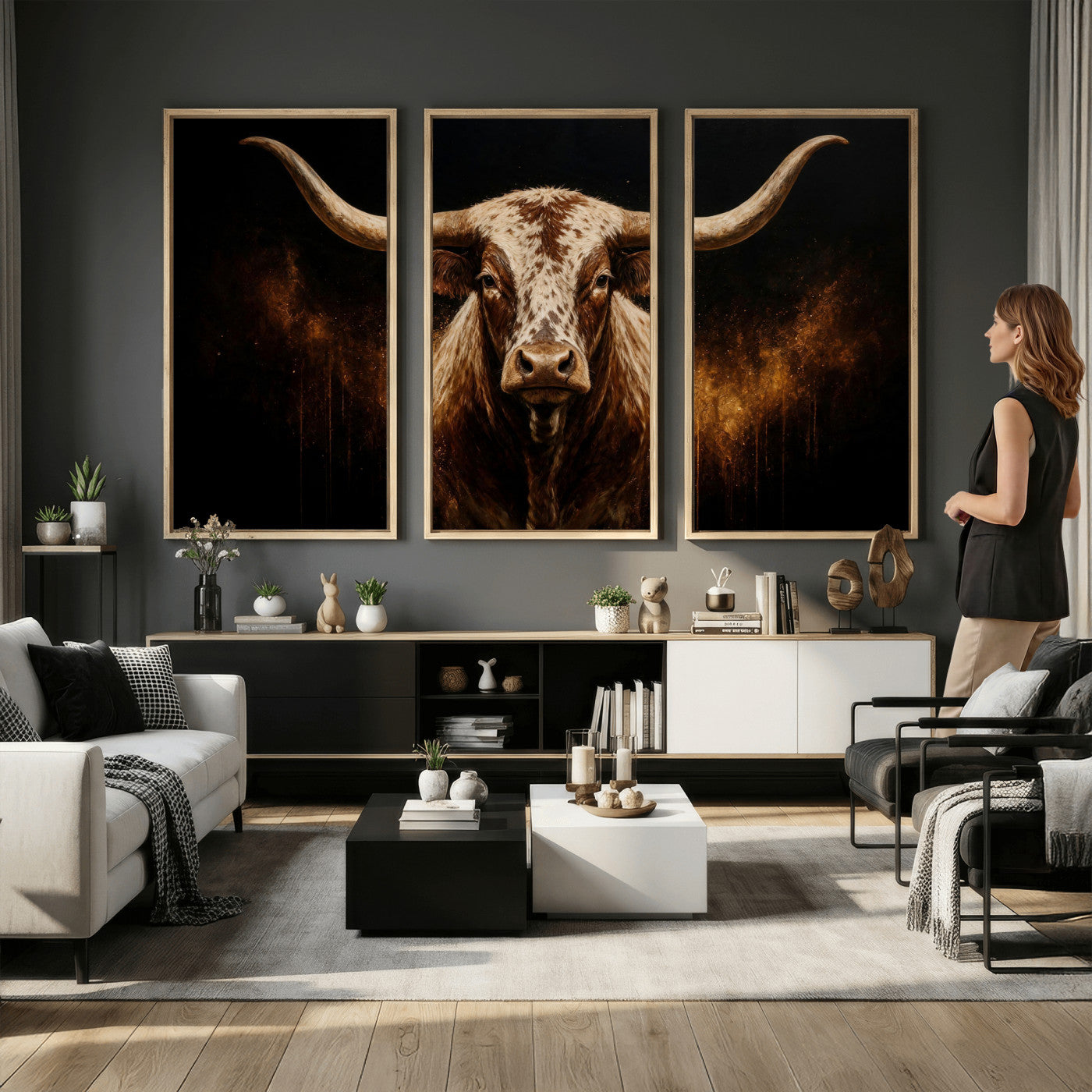 62076449-MGV-CV-48X32-3P - Texas Bull Cow Longhorn Canvas Wall Art Moody Western Bull Oil Painting Print