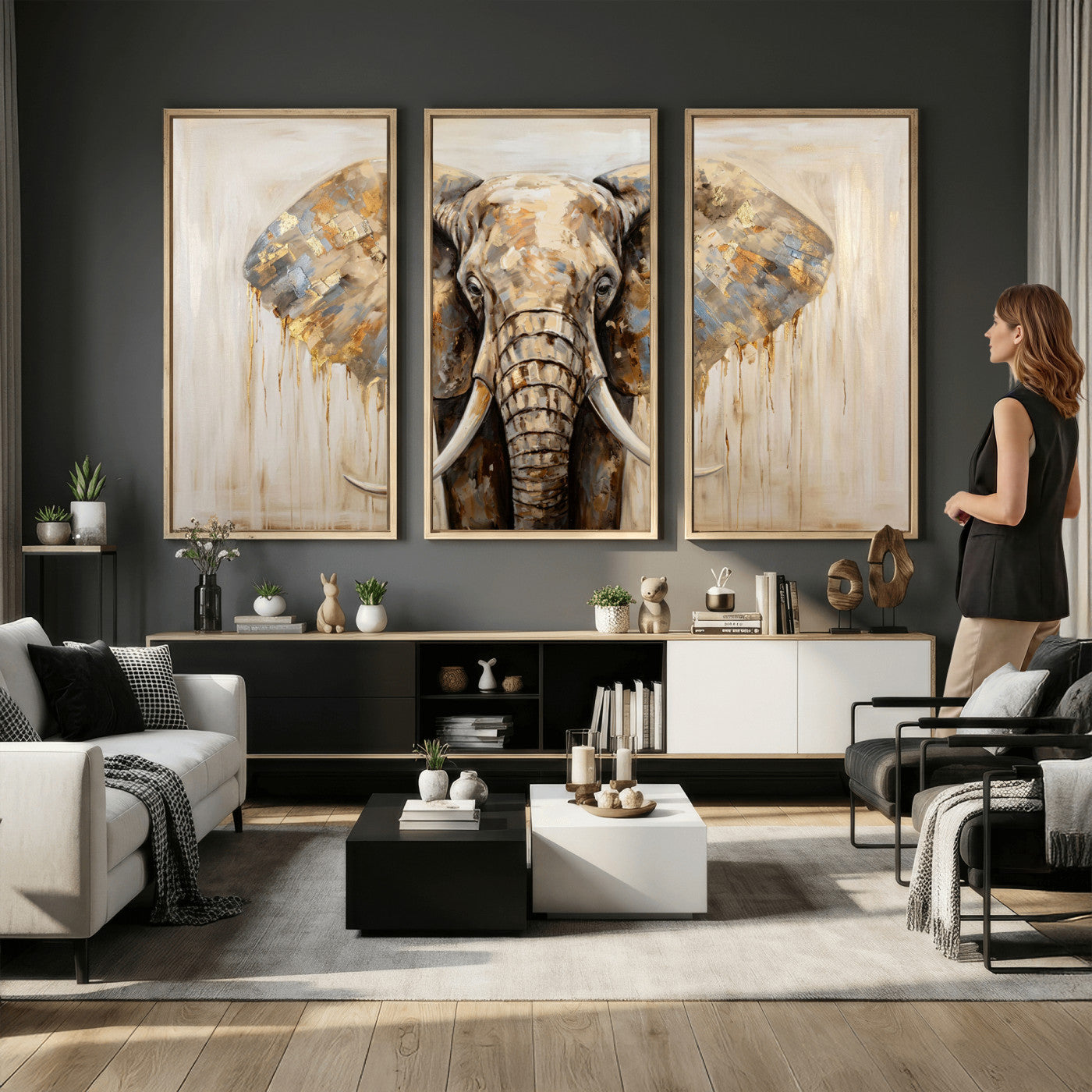 95819221-MGV-CV-36X24 - Gold Leaf Elephant Canvas Wall Art Abstract African Wildlife Painting Print