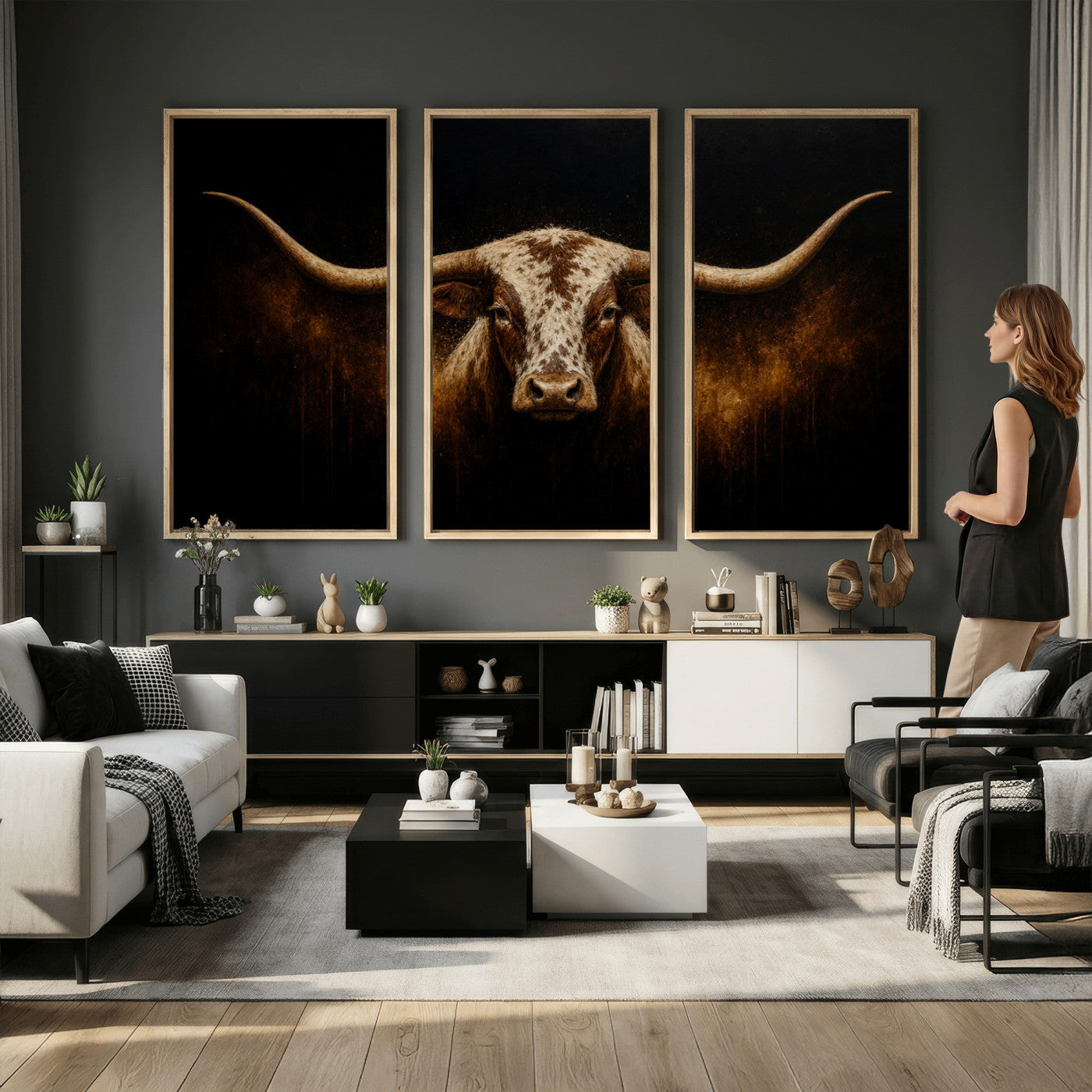 12628958-MGV-CV-36X24 - Texas Longhorn Canvas Wall Art Moody Western Bull Oil Painting Print