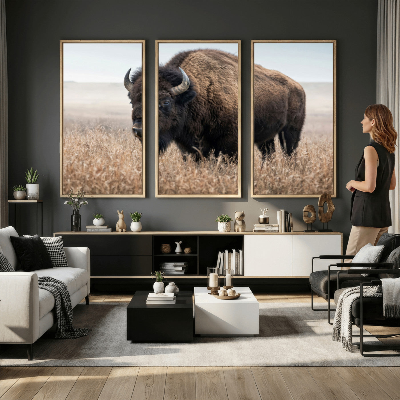 81029583-MGV-CV-36X24 - American Bison in Prairie Field Wall Art Canvas Print - Rustic Wildlife Photography