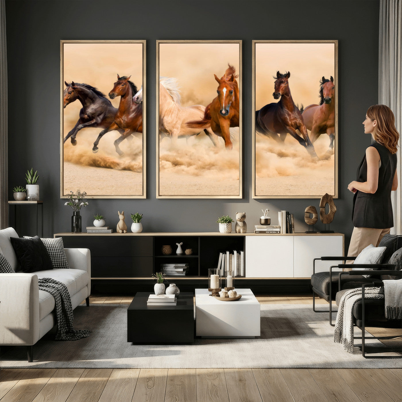 90610949-MGV-CV-36X24 - Herd of Six Wild Horses Galloping in Dust Storm Wall Art Canvas Print - Majestic Wildlife Decor