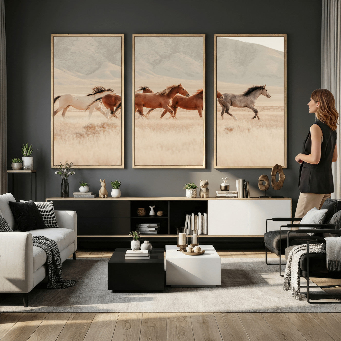 43348446-MGV-CV-36X24 - Herd of Wild Horses Running in Desert Mountain Wall Art Canvas Print - Boho Western Landscape
