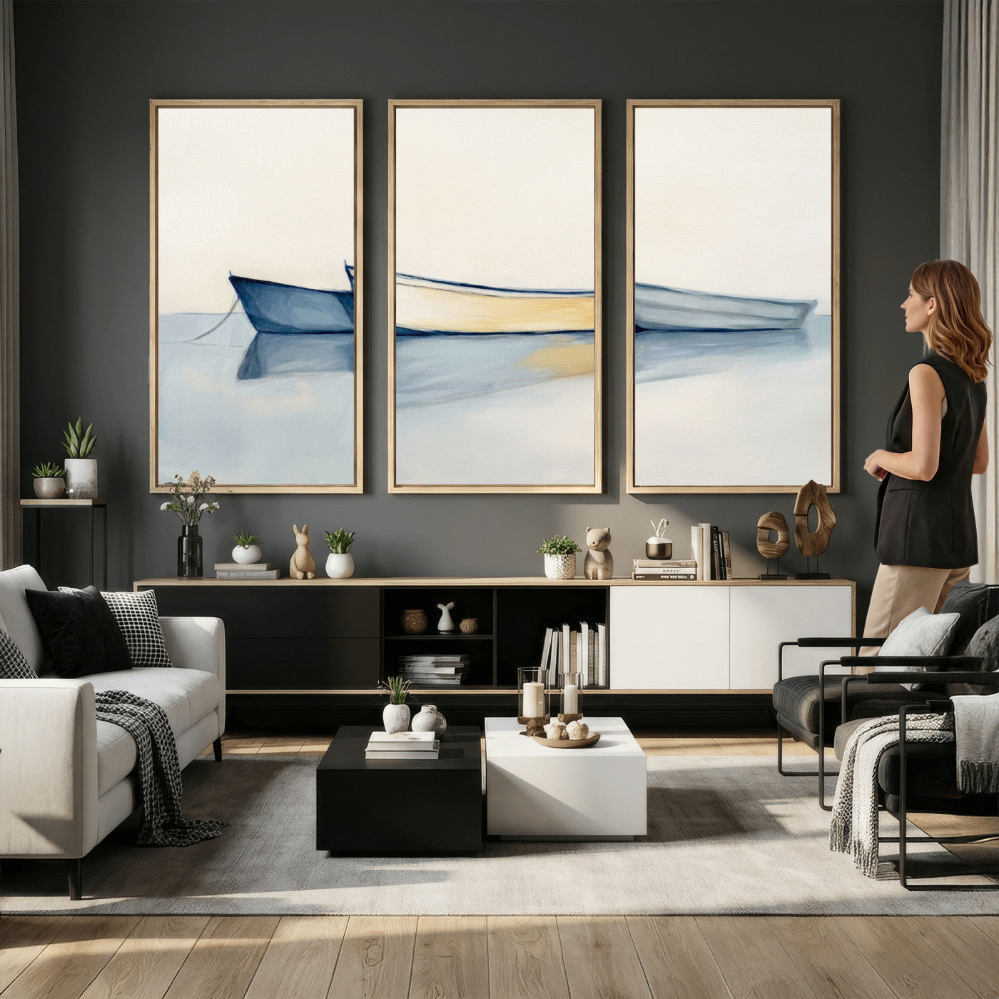 84017361-MGV-CV-36X24 - Abstract Three Boats Reflecting on Water Wall Art Canvas Print - Minimalist Coastal Seascape