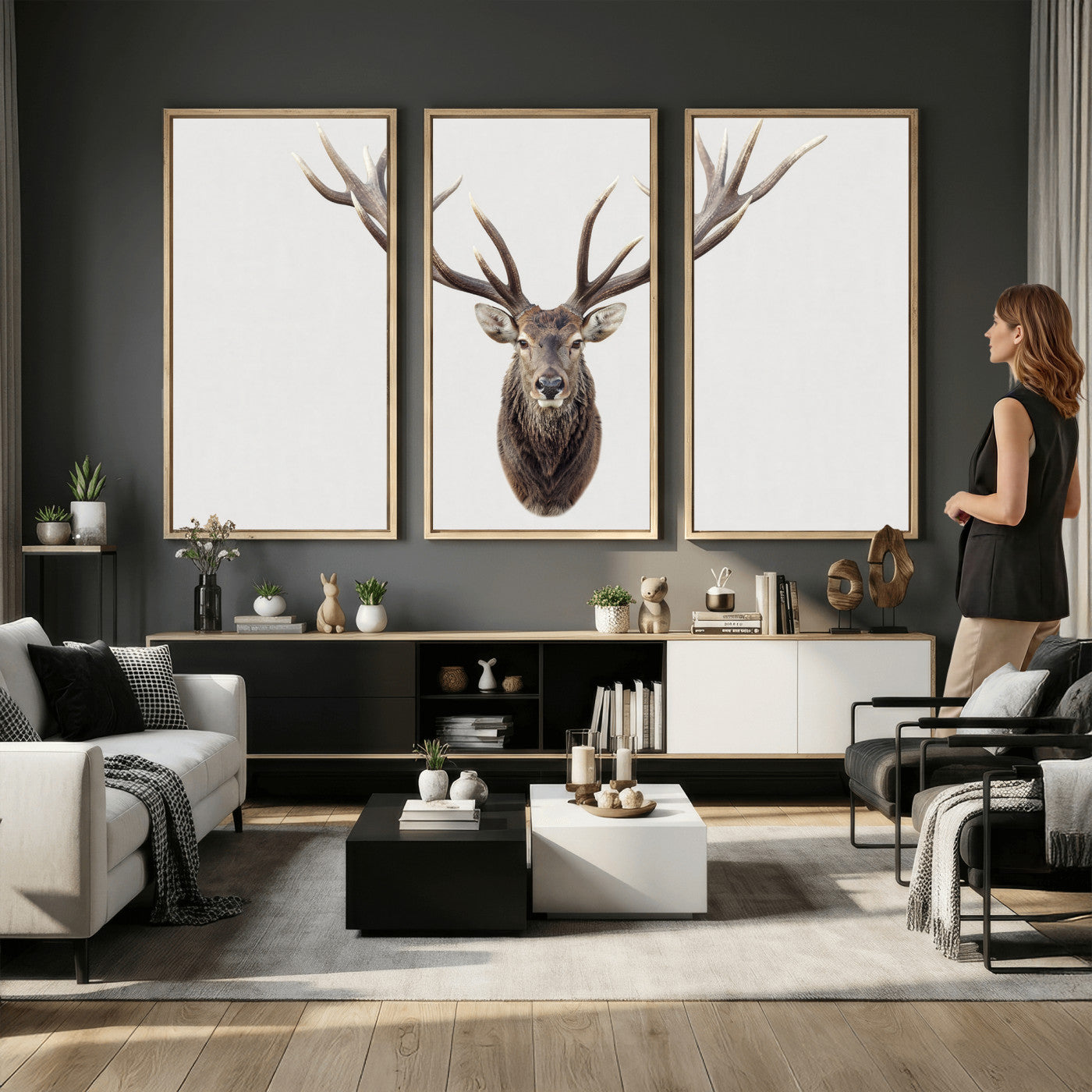 840173GY-MGV-CV-36X24 - Majestic Red Deer Canvas Wall Art – Stag Antlers Horns Print, Wildlife Hunting Poster, Rustic Cabin Lodge Decor