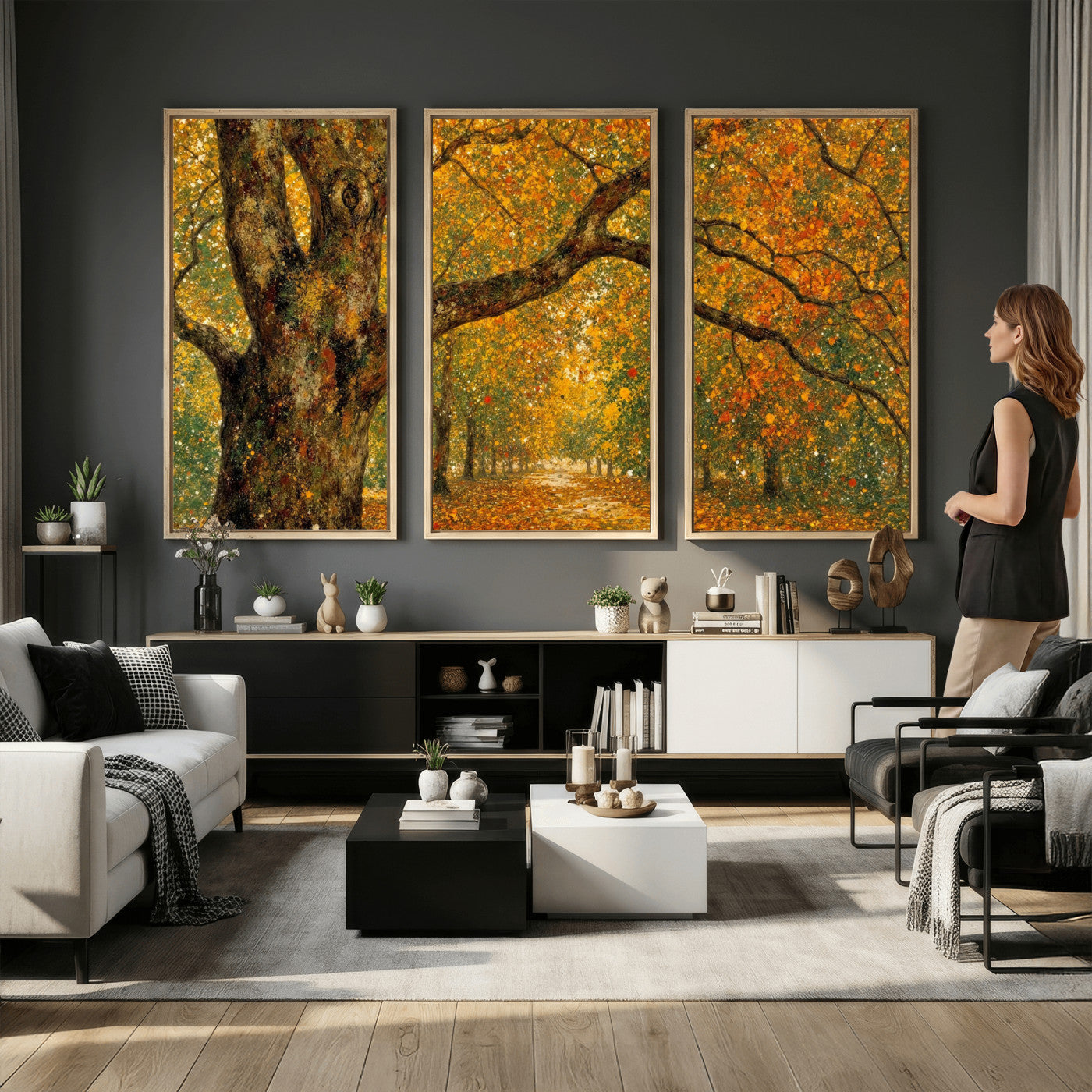11536138-MGV-CV-36X24 - Vintage Autumn Forest Path Wall Art Canvas Print, Golden Leaves Impressionist Painting Print