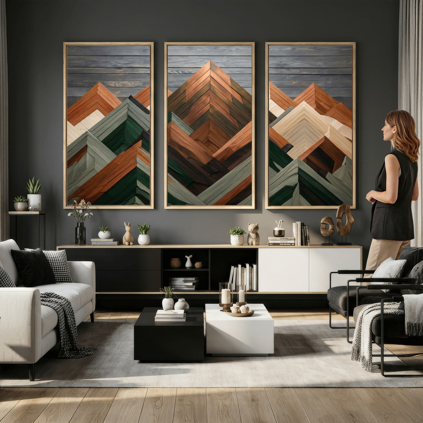 84617347-MGV-CV-36X24 - Geometric Wood Mountain Wall Art Canvas Print, 3D Look Rustic Mosaic Landscape Print
