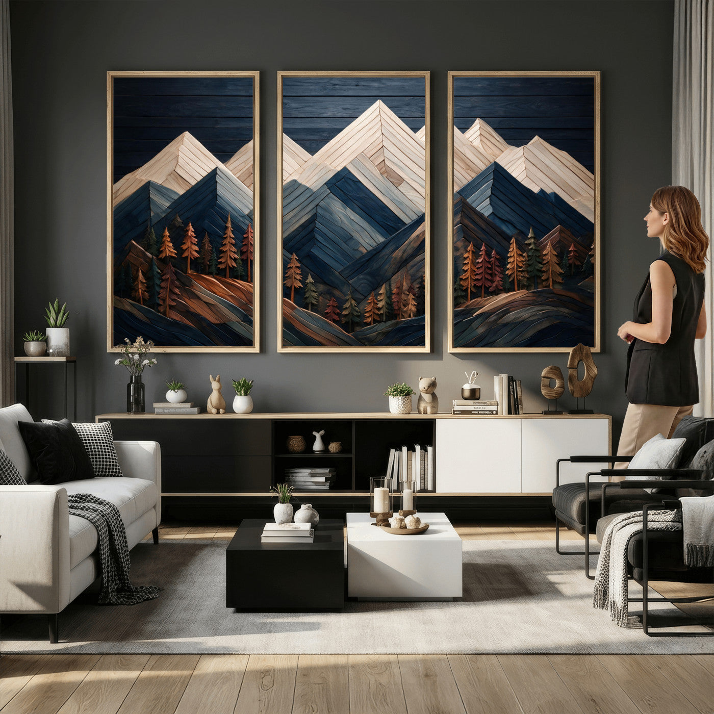 87765072-MGV-CV-36X24 - Geometric Wood Mountain Wall Art Canvas Print, 3D Look Rustic Mosaic Landscape Print