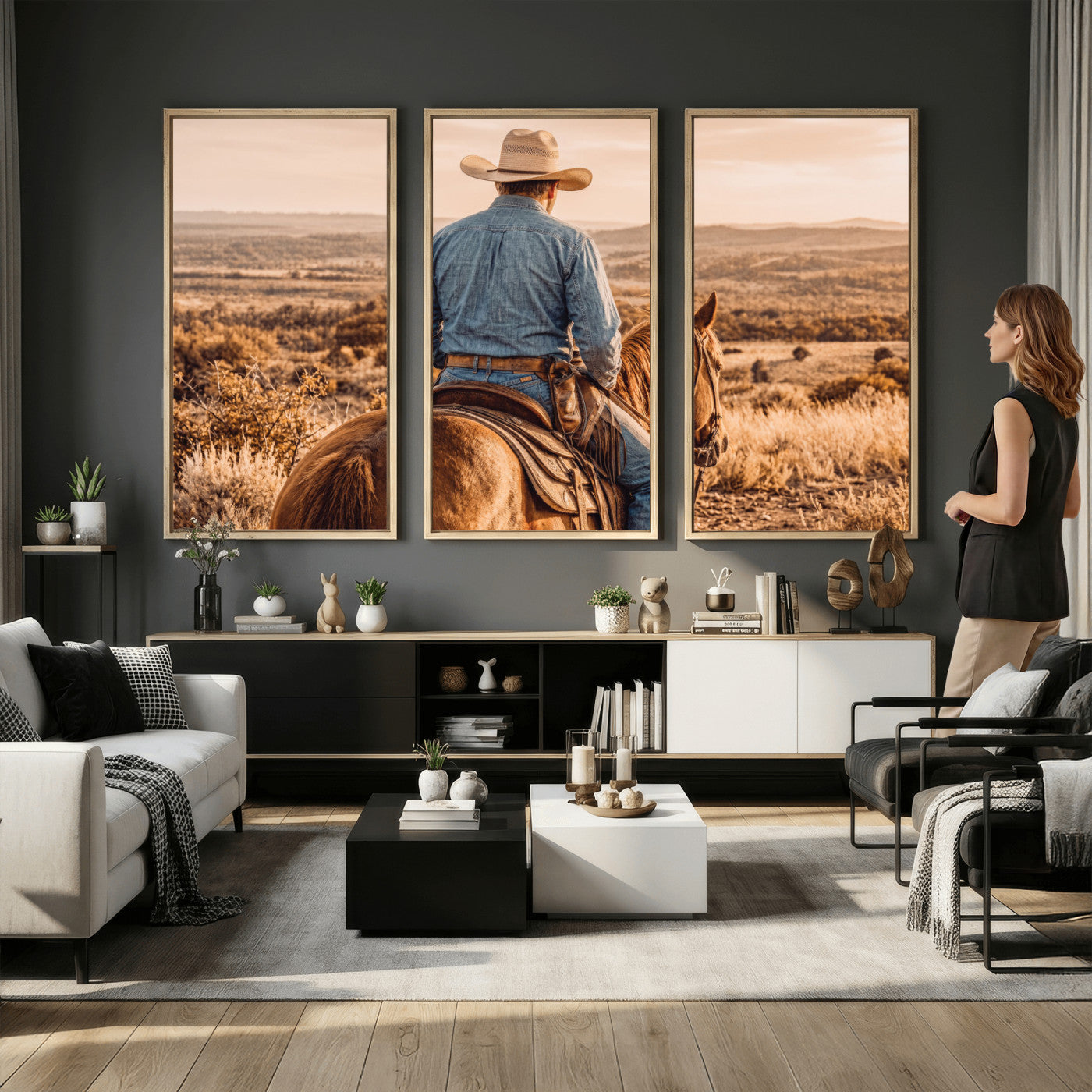 62076449-MGV-CV-36X24 - Texas Cowboy and Horse Print for Western Wall Art Decor for Farmhouse