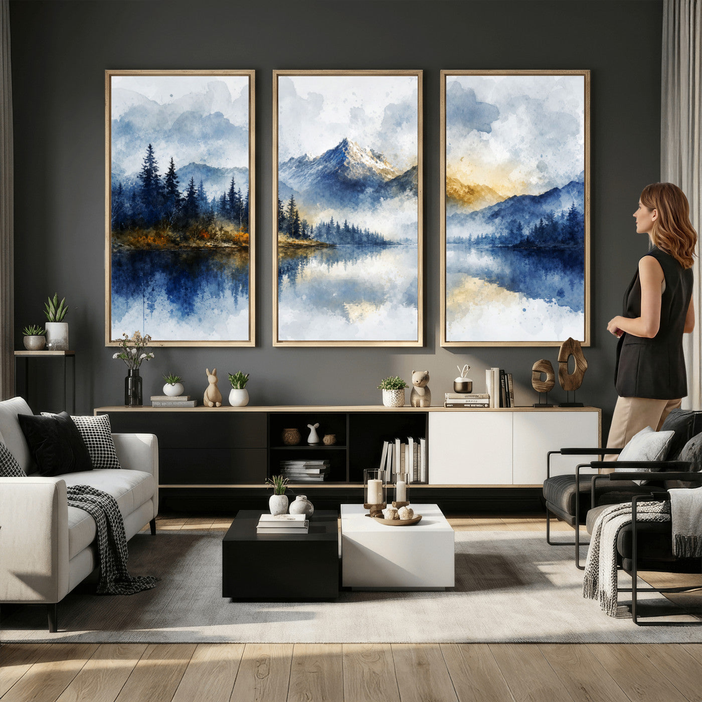62076449DG-MGV-CV-36X24 - Abstract Watercolor Mountain Lake Wall Art Print for Living Room Decor
