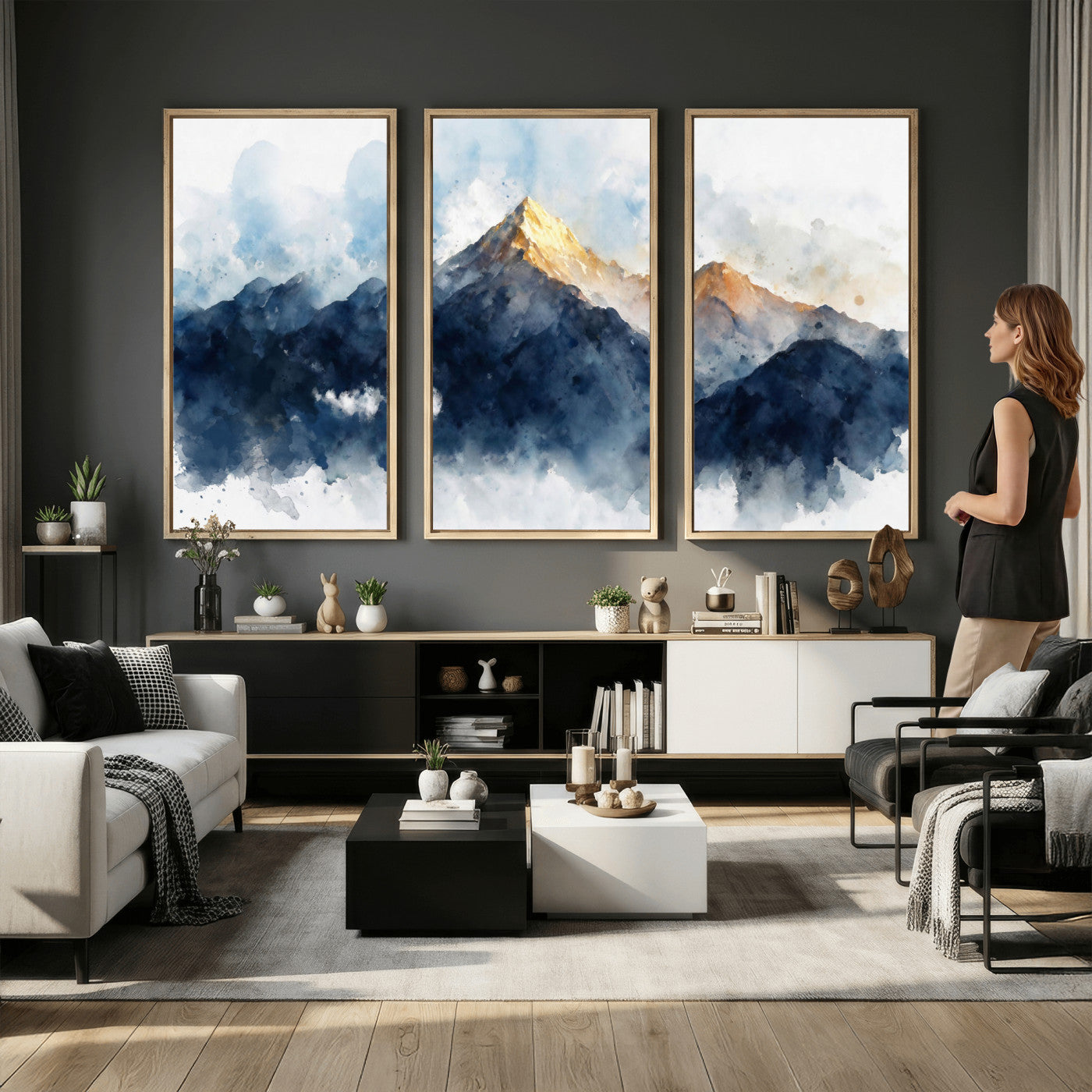 62076449DG1-MGV-CV-36X24 - Abstract Watercolor Mountain Lake Wall Art Print for Living Room Decor